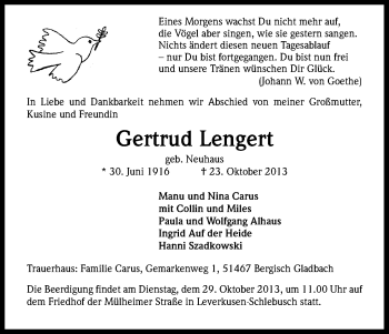 Anzeige von Gertrud Lengert von Kölner Stadt-Anzeiger / Kölnische Rundschau / Express