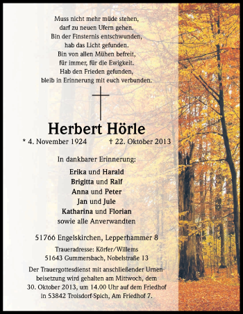 Anzeige von Herbert Hörle von Kölner Stadt-Anzeiger / Kölnische Rundschau / Express