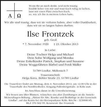Anzeige von Ilse Frontzek von Kölner Stadt-Anzeiger / Kölnische Rundschau / Express
