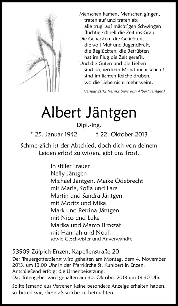  Traueranzeige für Albert Jäntgen vom 26.10.2013 aus Kölner Stadt-Anzeiger / Kölnische Rundschau / Express