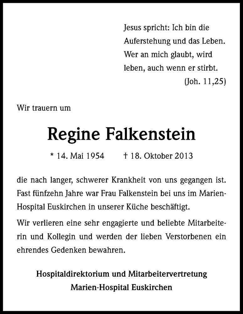  Traueranzeige für Regine Falkenstein vom 26.10.2013 aus Kölner Stadt-Anzeiger / Kölnische Rundschau / Express