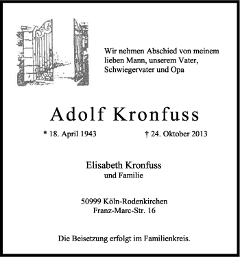 Anzeige von Adolf Kronfuss von Kölner Stadt-Anzeiger / Kölnische Rundschau / Express