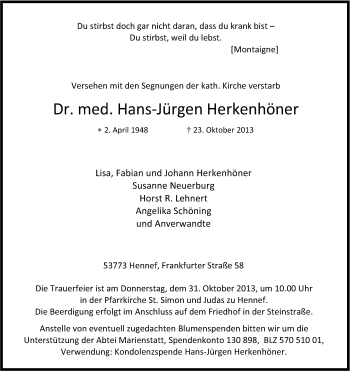 Anzeige von Hans-Jürgen Herkenhöner von Kölner Stadt-Anzeiger / Kölnische Rundschau / Express
