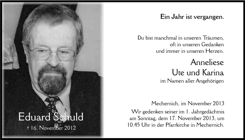  Traueranzeige für Eduard Schuld vom 09.11.2013 aus Kölner Stadt-Anzeiger / Kölnische Rundschau / Express
