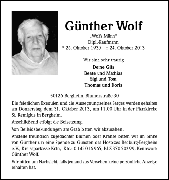 Anzeige von Günther Wolf von Kölner Stadt-Anzeiger / Kölnische Rundschau / Express
