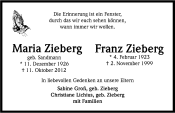 Anzeige von Maria Zieberg von Kölner Stadt-Anzeiger / Kölnische Rundschau / Express