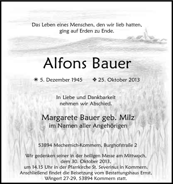 Anzeige von Alfons Bauer von Kölner Stadt-Anzeiger / Kölnische Rundschau / Express