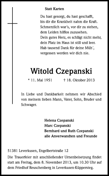 Anzeige von Witold Czepanski von Kölner Stadt-Anzeiger / Kölnische Rundschau / Express