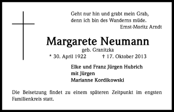 Anzeige von Margaret Neumann von Kölner Stadt-Anzeiger / Kölnische Rundschau / Express