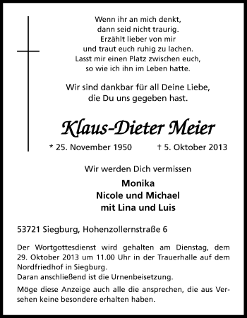 Anzeige von Klaus-Dieter Meier von Kölner Stadt-Anzeiger / Kölnische Rundschau / Express