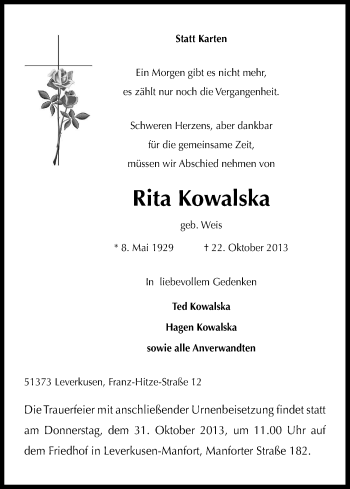 Anzeige von Rita Kowalska von Kölner Stadt-Anzeiger / Kölnische Rundschau / Express