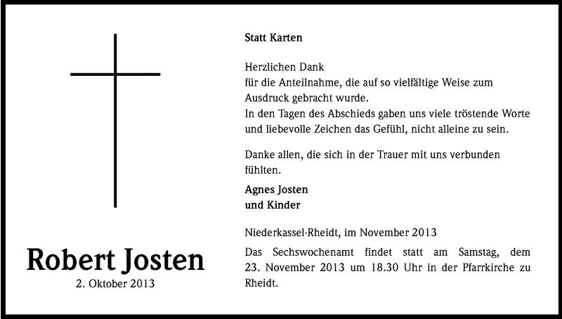  Traueranzeige für Robert Josten vom 13.11.2013 aus Kölner Stadt-Anzeiger / Kölnische Rundschau / Express