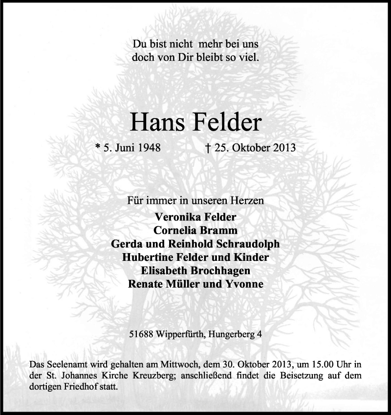  Traueranzeige für Hans Felder vom 26.10.2013 aus Kölner Stadt-Anzeiger / Kölnische Rundschau / Express
