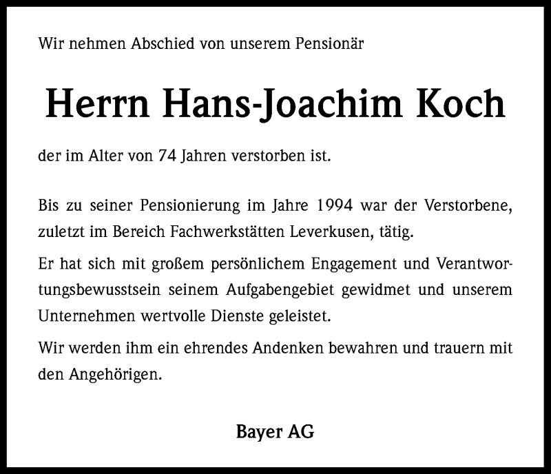  Traueranzeige für Hans-Joachim Koch vom 30.10.2013 aus Kölner Stadt-Anzeiger / Kölnische Rundschau / Express