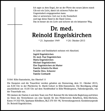 Anzeige von Reinold Engelkirchen von Kölner Stadt-Anzeiger / Kölnische Rundschau / Express