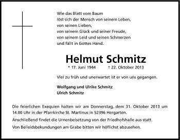 Anzeige von Helmut Schmitz von Kölner Stadt-Anzeiger / Kölnische Rundschau / Express