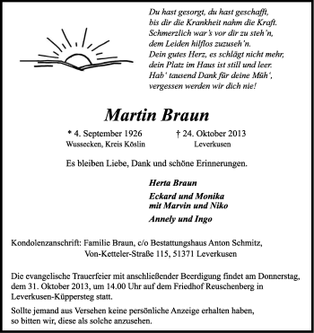 Anzeige von Martin Braun von Kölner Stadt-Anzeiger / Kölnische Rundschau / Express