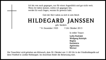 Anzeige von Hildegard Janssen von Kölner Stadt-Anzeiger / Kölnische Rundschau / Express