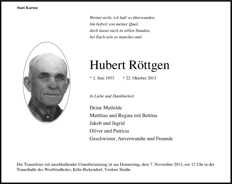  Traueranzeige für Hubert Röttgen vom 02.11.2013 aus Kölner Stadt-Anzeiger / Kölnische Rundschau / Express