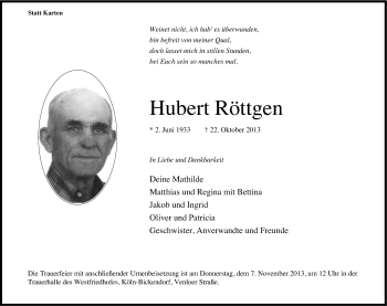 Anzeige von Hubert Röttgen von Kölner Stadt-Anzeiger / Kölnische Rundschau / Express
