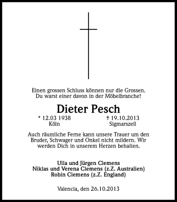 Anzeige von Dieter Pesch von Kölner Stadt-Anzeiger / Kölnische Rundschau / Express