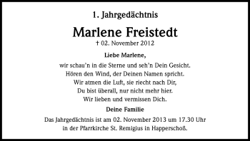Anzeige von Marlene Freistedt von Kölner Stadt-Anzeiger / Kölnische Rundschau / Express