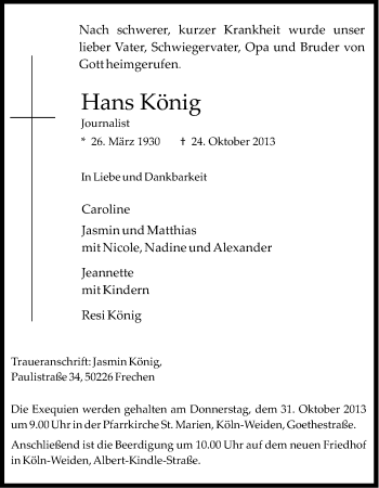 Anzeige von Hans König von Kölner Stadt-Anzeiger / Kölnische Rundschau / Express