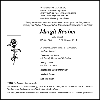 Anzeige von Margit Reuber von Kölner Stadt-Anzeiger / Kölnische Rundschau / Express