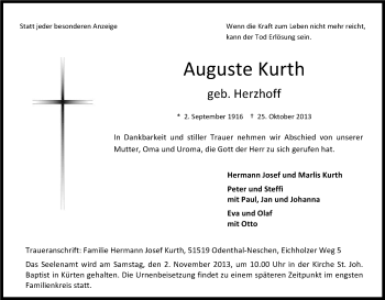 Anzeige von August Kurth von Kölner Stadt-Anzeiger / Kölnische Rundschau / Express