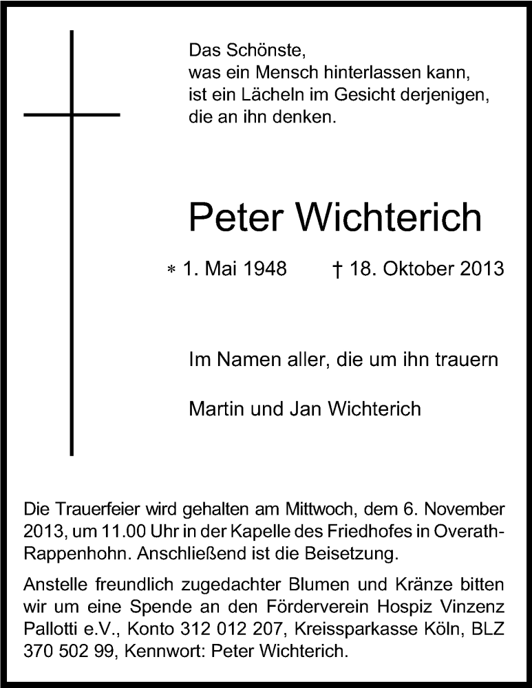  Traueranzeige für Peter Wichterich vom 30.10.2013 aus Kölner Stadt-Anzeiger / Kölnische Rundschau / Express