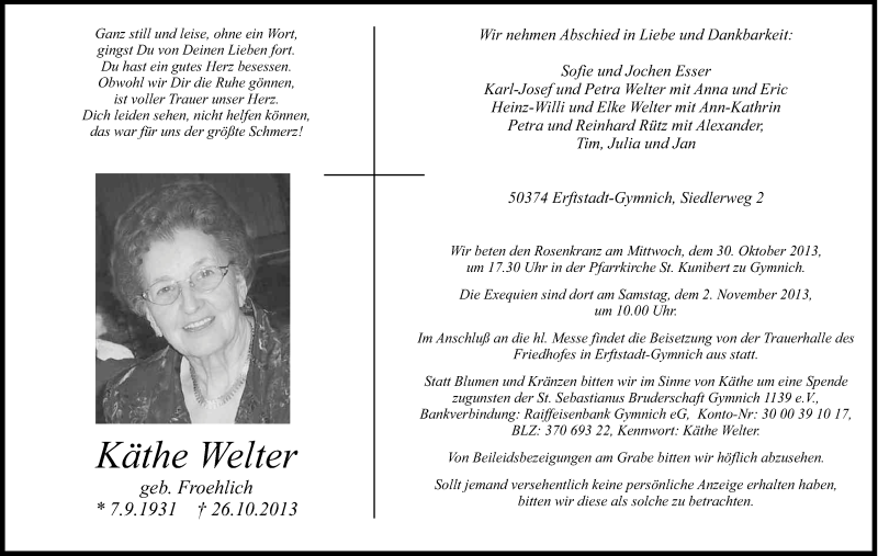  Traueranzeige für Käthe Welter vom 29.10.2013 aus Kölner Stadt-Anzeiger / Kölnische Rundschau / Express