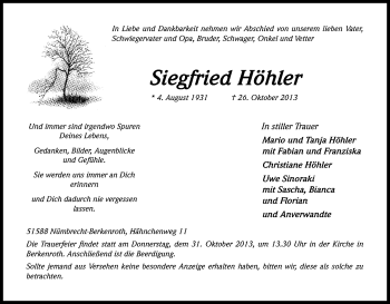 Anzeige von Siegfried Höhler von Kölner Stadt-Anzeiger / Kölnische Rundschau / Express