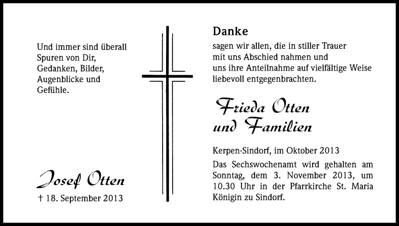  Traueranzeige für Josef Otten vom 29.10.2013 aus Kölner Stadt-Anzeiger / Kölnische Rundschau / Express
