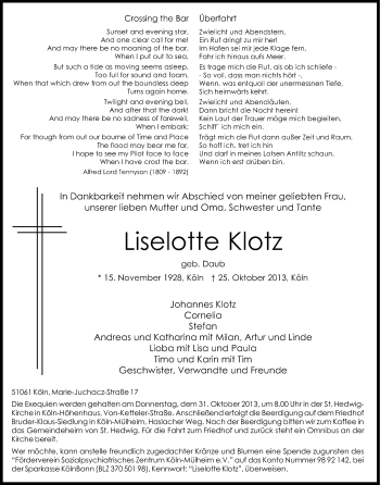 Anzeige von Liselotte Klotz von Kölner Stadt-Anzeiger / Kölnische Rundschau / Express
