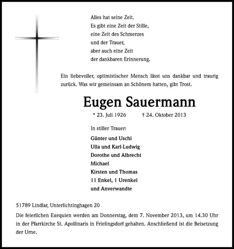  Traueranzeige für Eugen Sauermann vom 29.10.2013 aus Kölner Stadt-Anzeiger / Kölnische Rundschau / Express