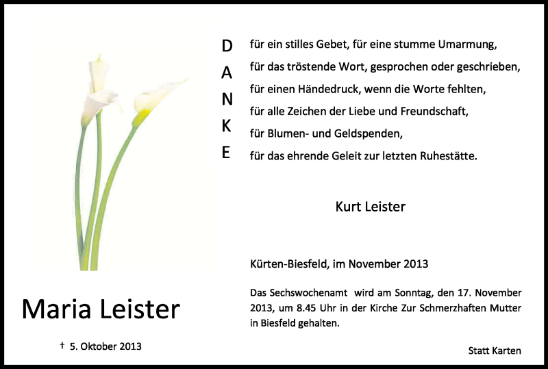  Traueranzeige für Maria Leister vom 09.11.2013 aus Kölner Stadt-Anzeiger / Kölnische Rundschau / Express