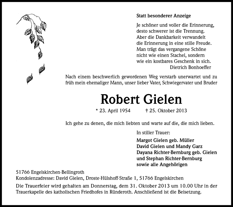  Traueranzeige für Robert Gielen vom 29.10.2013 aus Kölner Stadt-Anzeiger / Kölnische Rundschau / Express