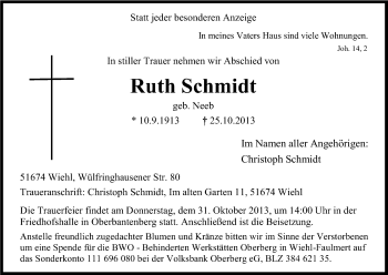Anzeige von Ruth Schmidt von Kölner Stadt-Anzeiger / Kölnische Rundschau / Express