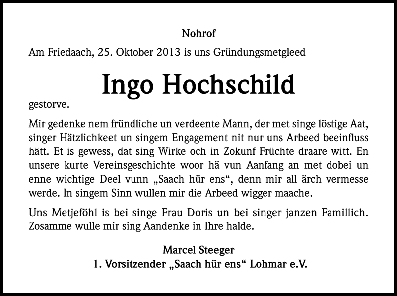  Traueranzeige für Ingo Hochschild vom 29.10.2013 aus Kölner Stadt-Anzeiger / Kölnische Rundschau / Express