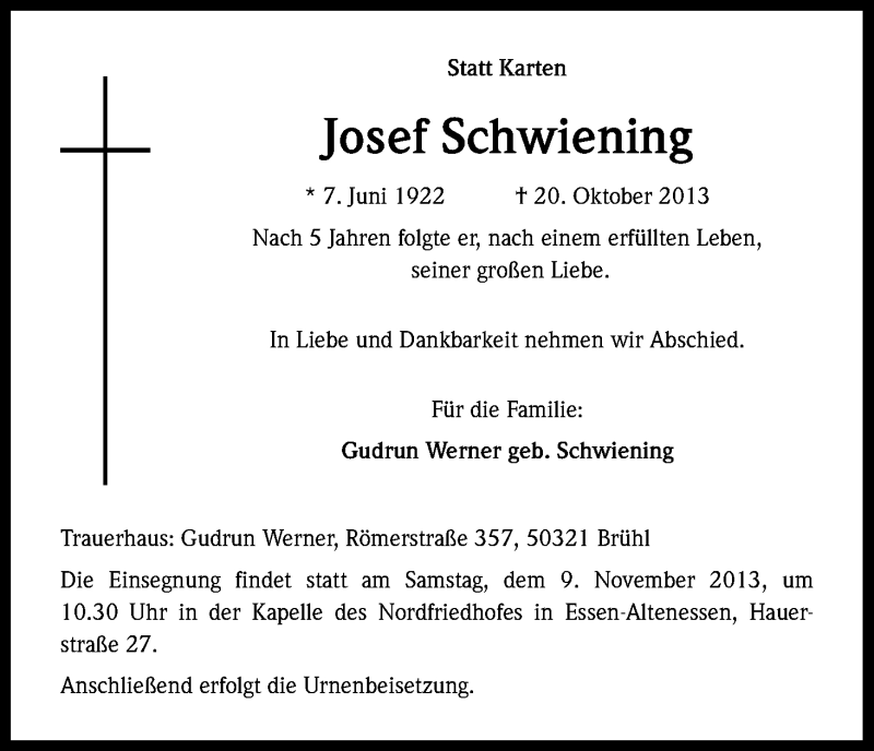  Traueranzeige für Josef Schwiening vom 06.11.2013 aus Kölner Stadt-Anzeiger / Kölnische Rundschau / Express