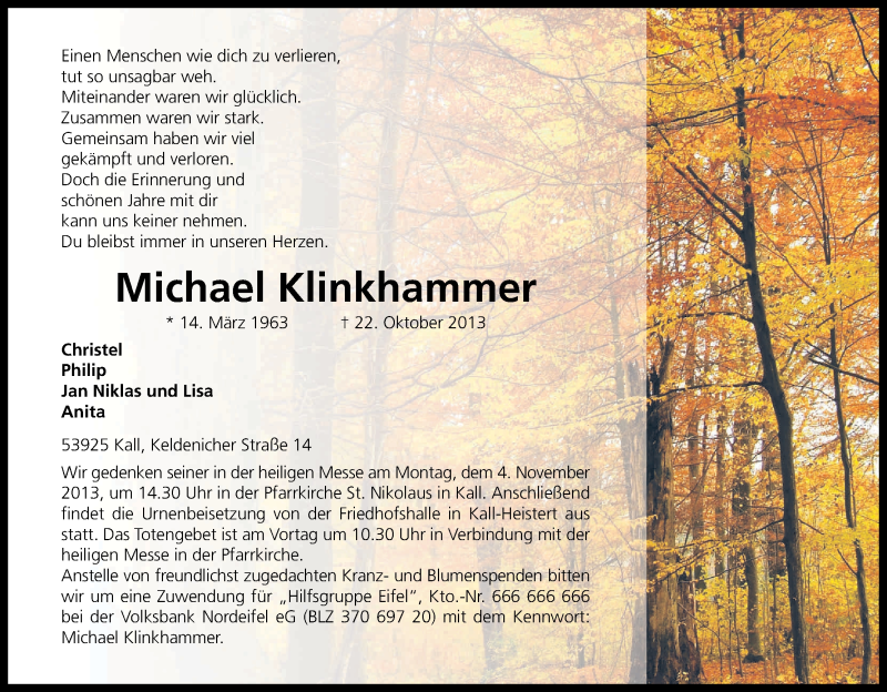  Traueranzeige für Michael Klinkhammer vom 29.10.2013 aus Kölner Stadt-Anzeiger / Kölnische Rundschau / Express