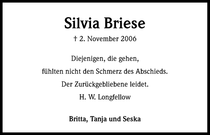  Traueranzeige für Silvia Briese vom 31.10.2013 aus Kölner Stadt-Anzeiger / Kölnische Rundschau / Express