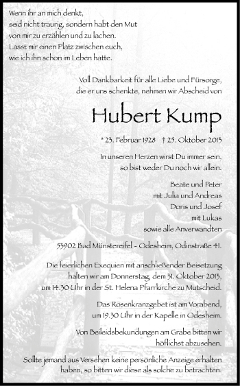 Anzeige von Hubert Kump von Kölner Stadt-Anzeiger / Kölnische Rundschau / Express