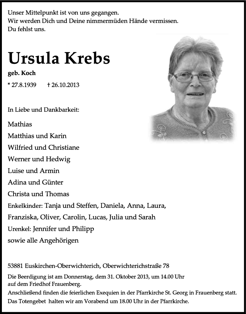  Traueranzeige für Ursula Krebs vom 29.10.2013 aus Kölner Stadt-Anzeiger / Kölnische Rundschau / Express