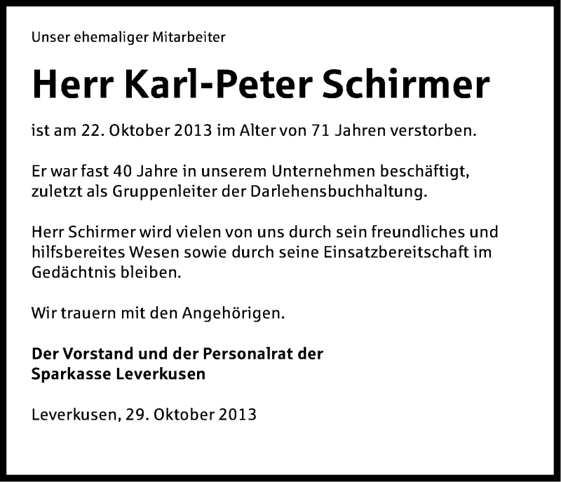  Traueranzeige für Karl-Peter Schirmer vom 29.10.2013 aus Kölner Stadt-Anzeiger / Kölnische Rundschau / Express