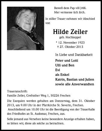 Anzeige von Hilde Zeiler von Kölner Stadt-Anzeiger / Kölnische Rundschau / Express