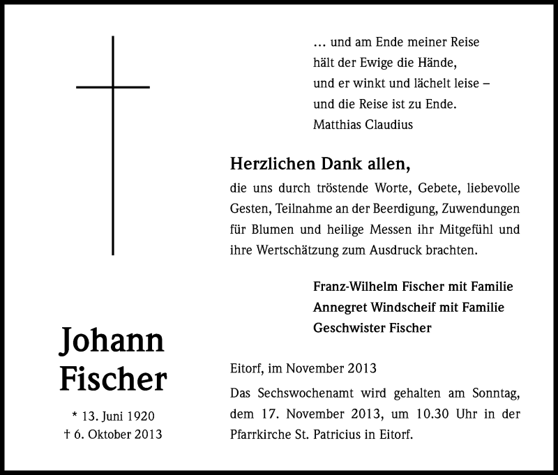  Traueranzeige für Johann Fischer vom 02.11.2013 aus Kölner Stadt-Anzeiger / Kölnische Rundschau / Express