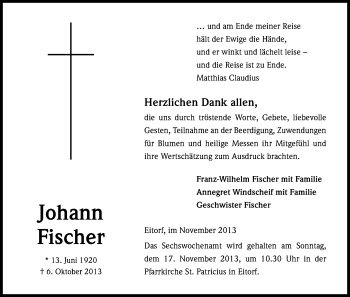 Anzeige von Johann Fischer von Kölner Stadt-Anzeiger / Kölnische Rundschau / Express