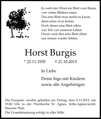 Anzeige von Horst Burgis von Kölner Stadt-Anzeiger / Kölnische Rundschau / Express