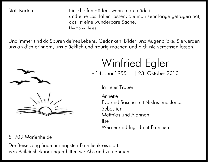  Traueranzeige für Winfried Egler vom 30.10.2013 aus Kölner Stadt-Anzeiger / Kölnische Rundschau / Express